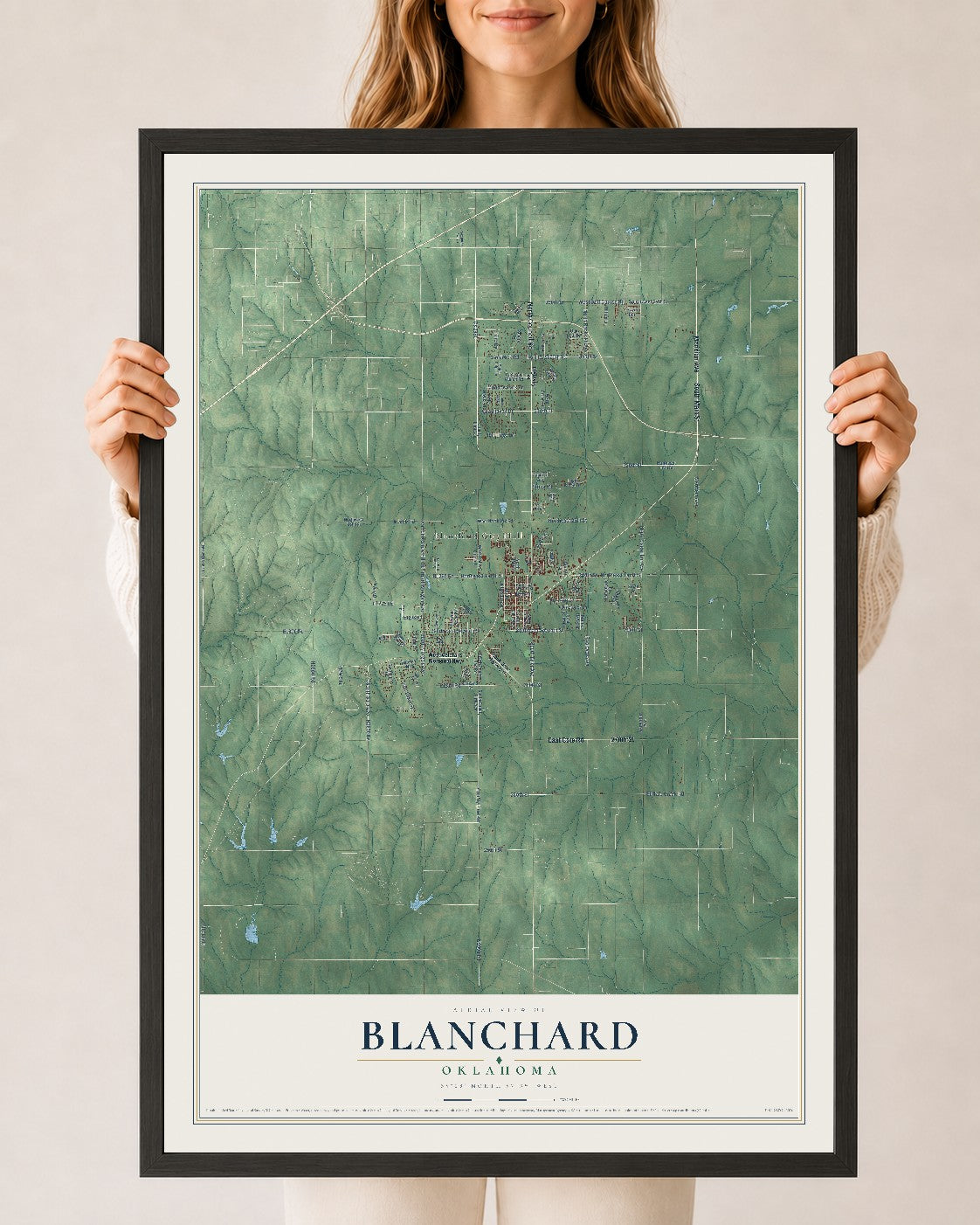 Map of Blanchard, Oklahoma, 24 x 36 inch print in a black wood frame