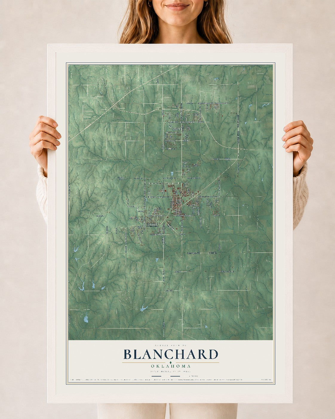 Map of Blanchard, Oklahoma, 24 x 36 inch print in a white wood frame