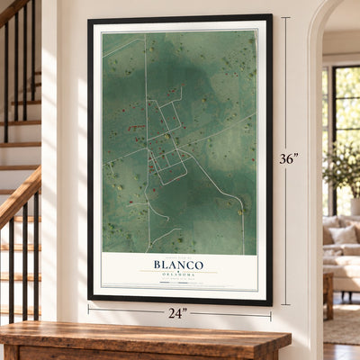 Blanco, Oklahoma map, 24 x 36 inch print in a black frame by a staircase