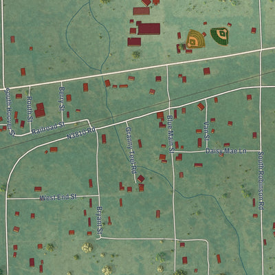 Close-up of the map of Blue, Oklahoma print showing street and building detail