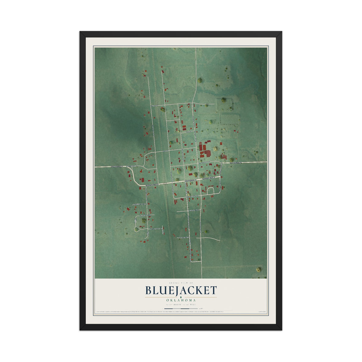 Map of Bluejacket, Oklahoma, 12 x 18 inch print in a black wood frame