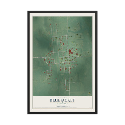 Map of Bluejacket, Oklahoma, 12 x 18 inch print in a black wood frame
