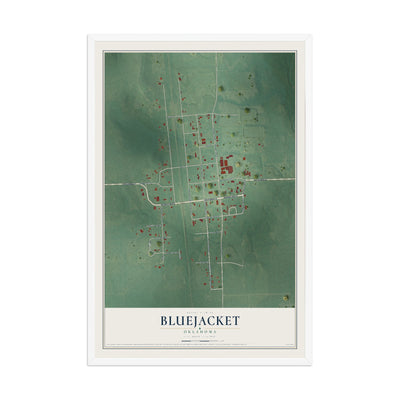 Map of Bluejacket, Oklahoma, 12 x 18 inch print in a white wood frame