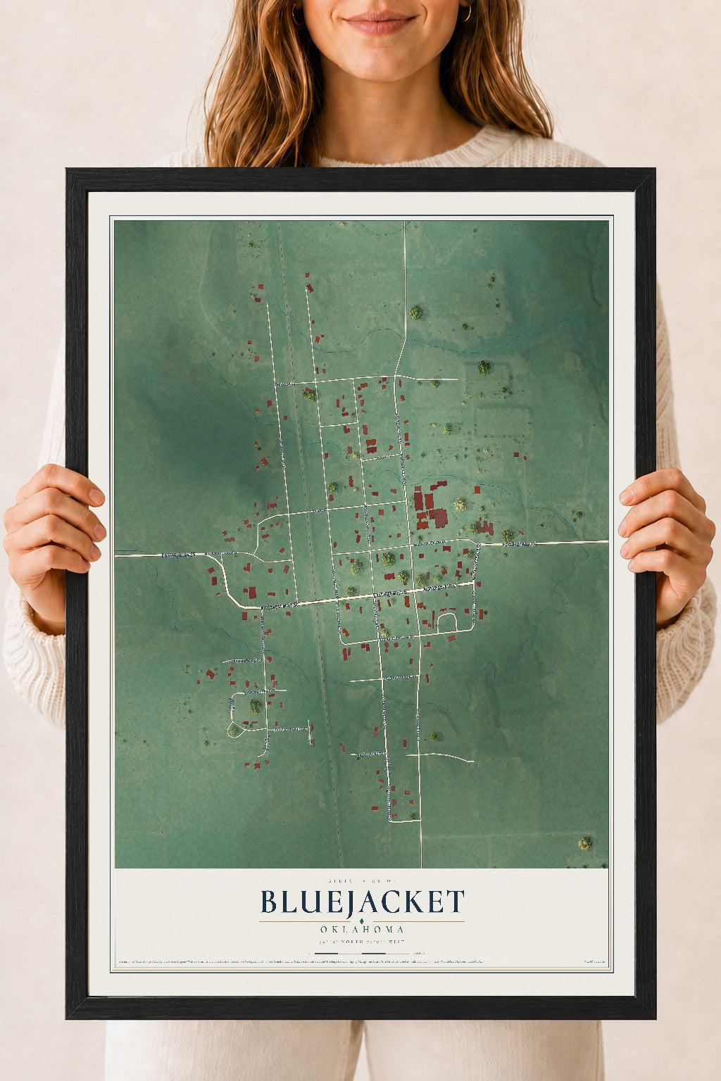 Map of Bluejacket, Oklahoma, 18 x 24 inch print in a black wood frame