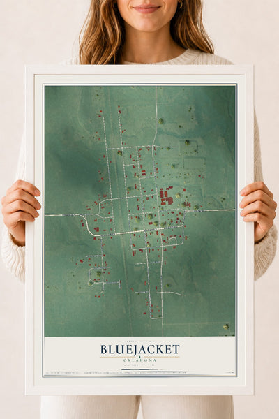 Map of Bluejacket, Oklahoma, 18 x 24 inch print in a white wood frame