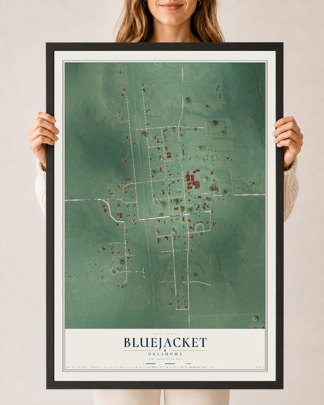 Map of Bluejacket, Oklahoma, 24 x 36 inch print in a black wood frame