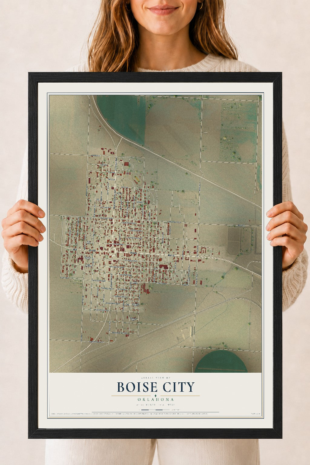Map of Boise City, Oklahoma, 18 x 24 inch print in a black wood frame