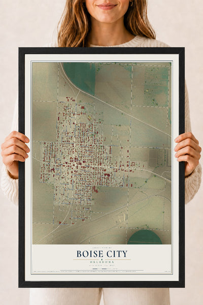 Map of Boise City, Oklahoma, 18 x 24 inch print in a black wood frame