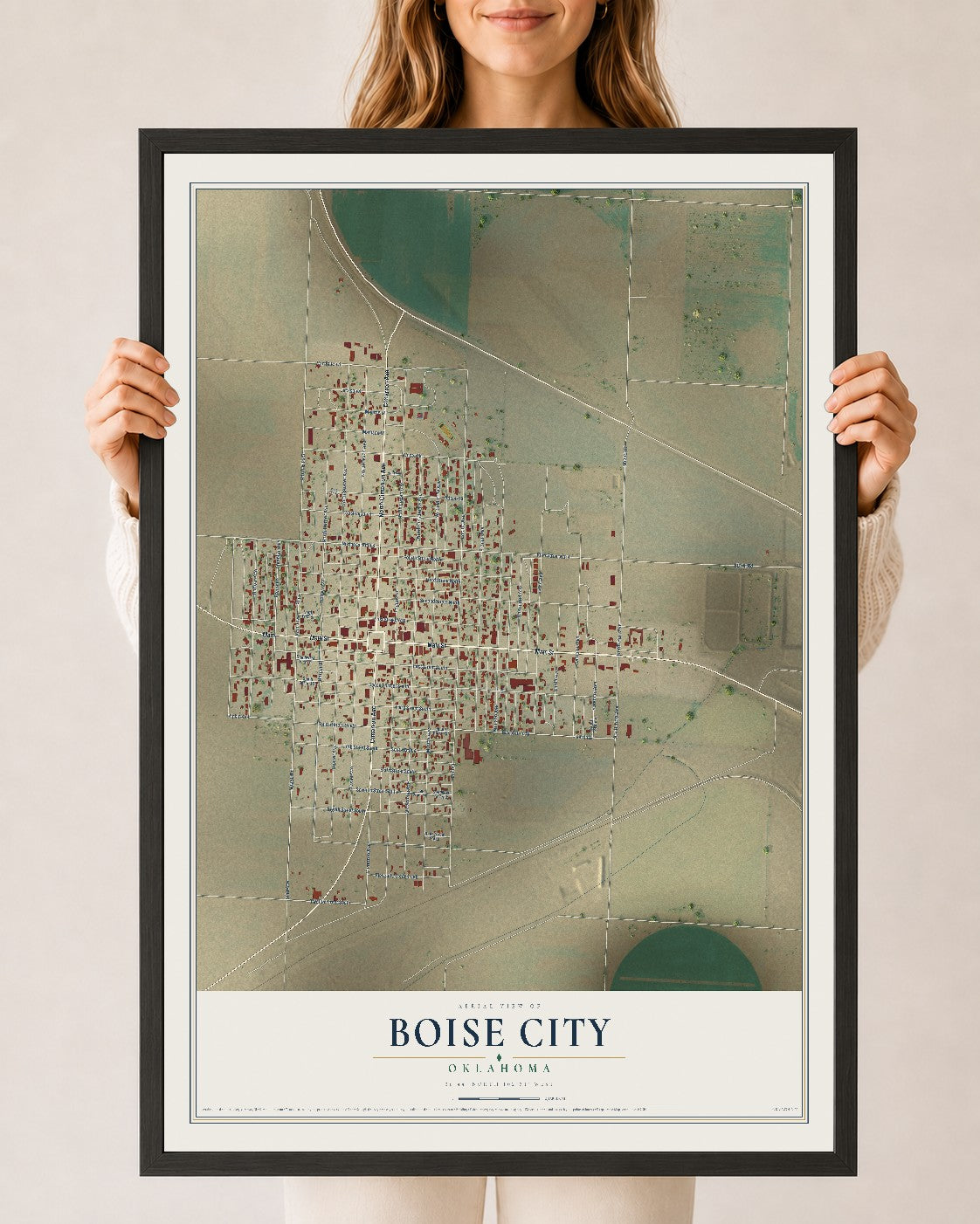 Map of Boise City, Oklahoma, 24 x 36 inch print in a black wood frame