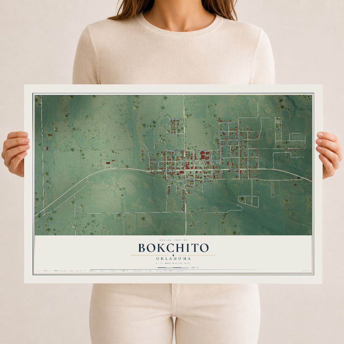 Map of Bokchito, Oklahoma, 12 x 18 inch unframed archival matte print