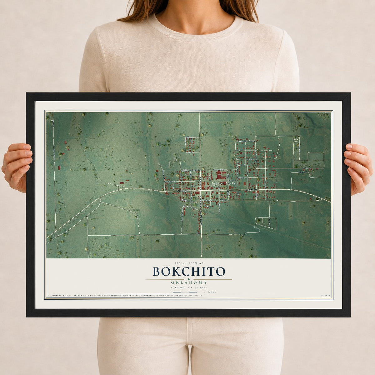 Map of Bokchito, Oklahoma, 12 x 18 inch print in a black wood frame