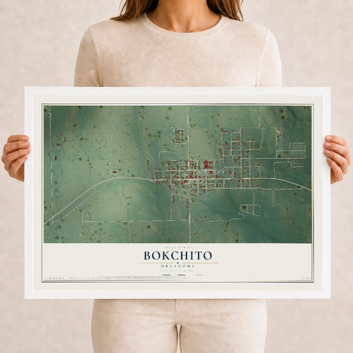 Map of Bokchito, Oklahoma, 12 x 18 inch print in a white wood frame