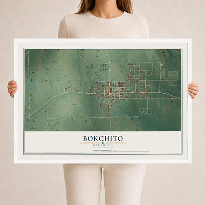 Map of Bokchito, Oklahoma, 24 x 36 inch print in a white wood frame