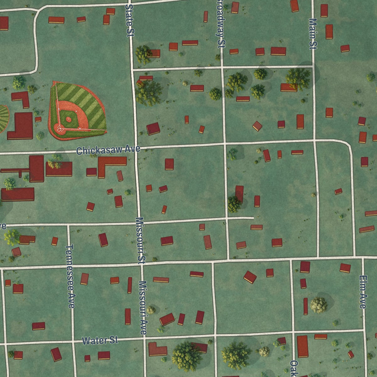 Close-up of the map of Bokoshe, Oklahoma print showing street and building detail