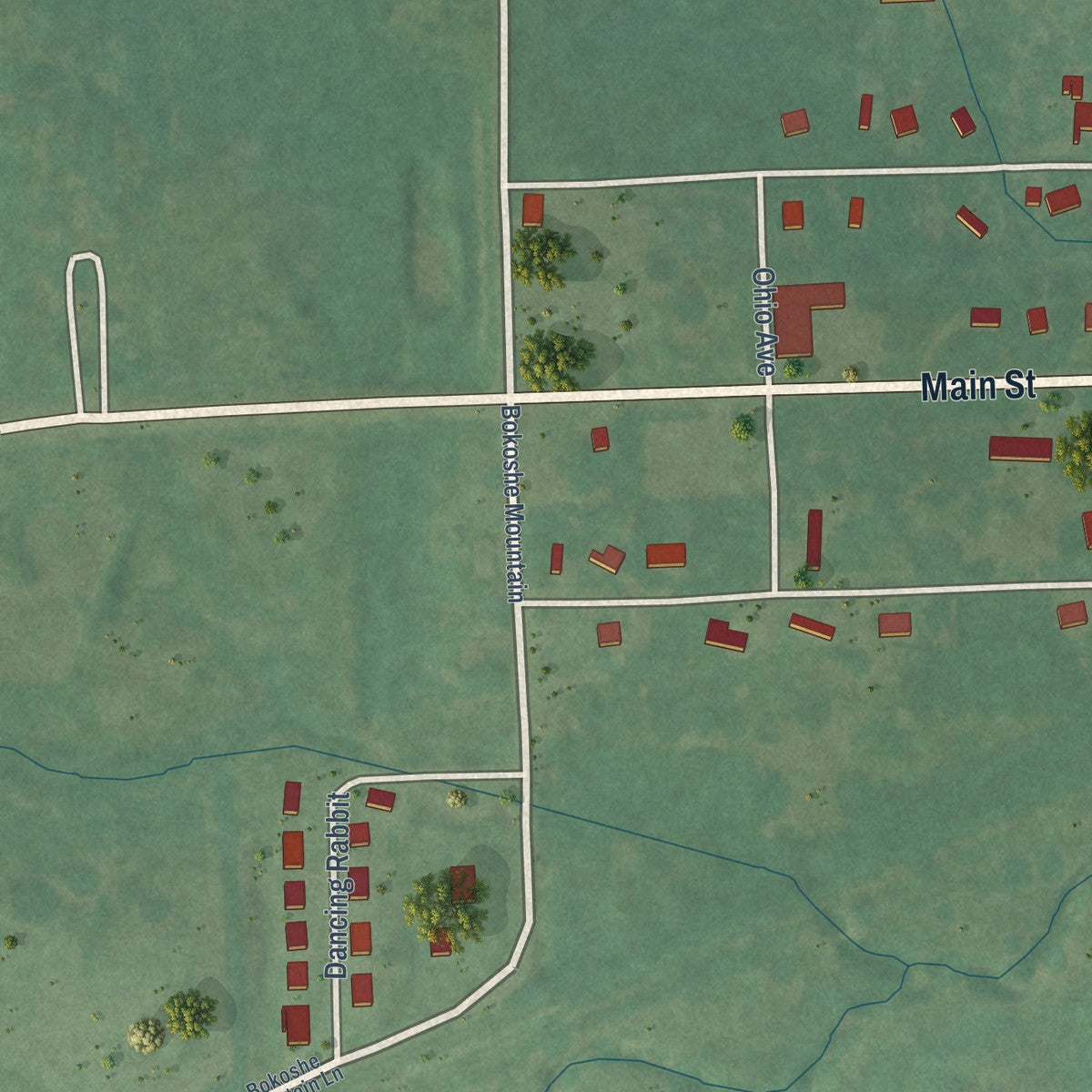 Second close-up of the map of Bokoshe, Oklahoma print showing more streets and buildings