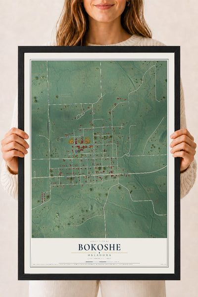 Map of Bokoshe, Oklahoma, 18 x 24 inch print in a black wood frame