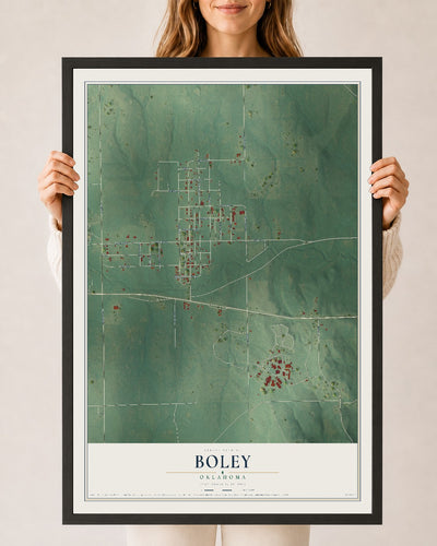 Map of Boley, Oklahoma, 24 x 36 inch print in a black wood frame