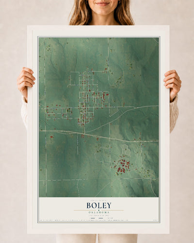 Map of Boley, Oklahoma, 24 x 36 inch print in a white wood frame
