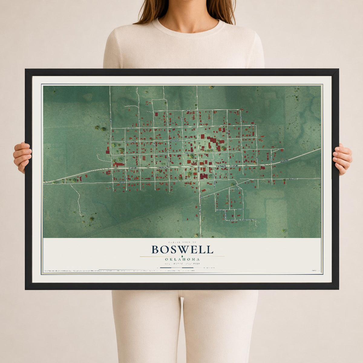 Map of Boswell, Oklahoma, 24 x 36 inch print in a black wood frame