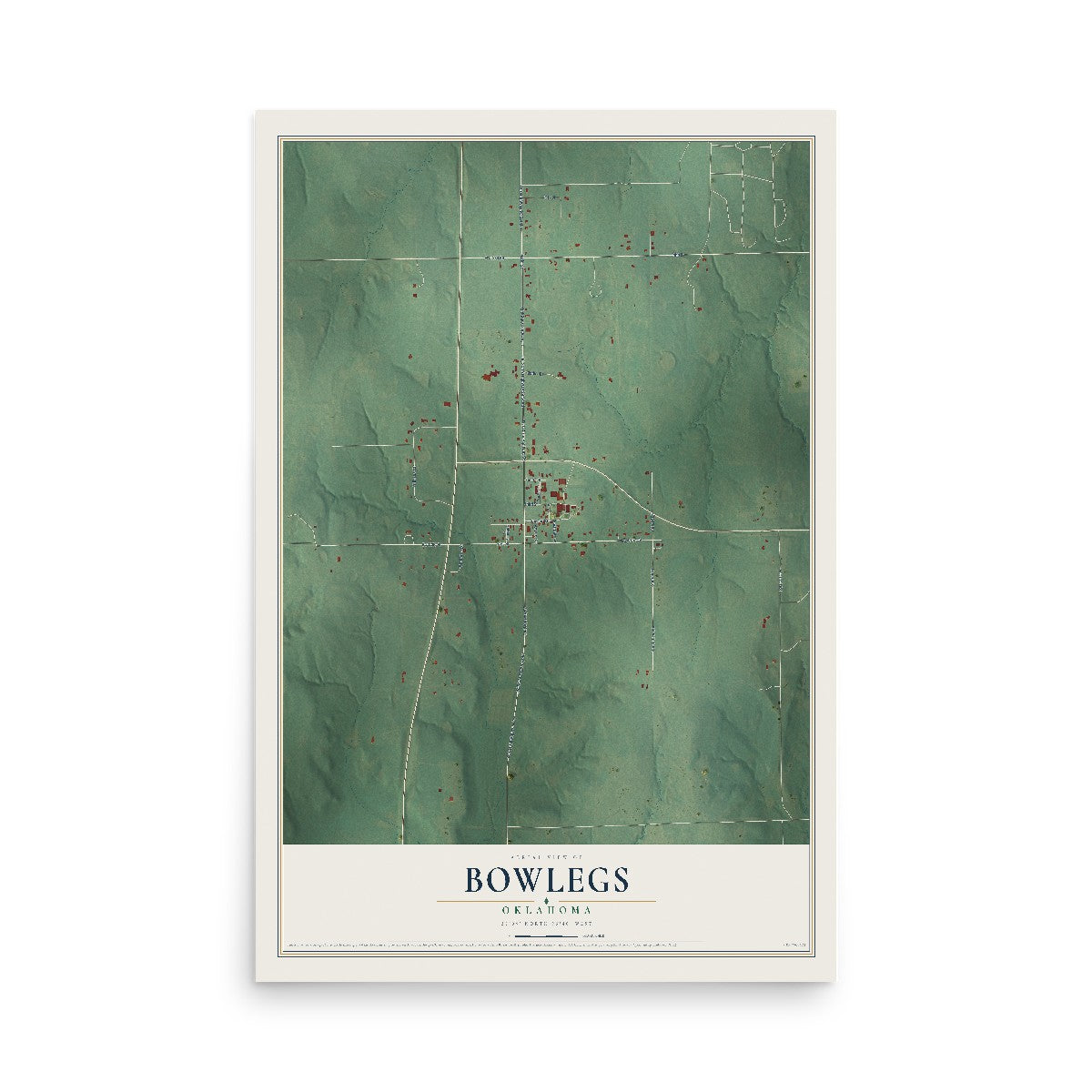 Map of Bowlegs, Oklahoma, 12 x 18 inch unframed archival matte print