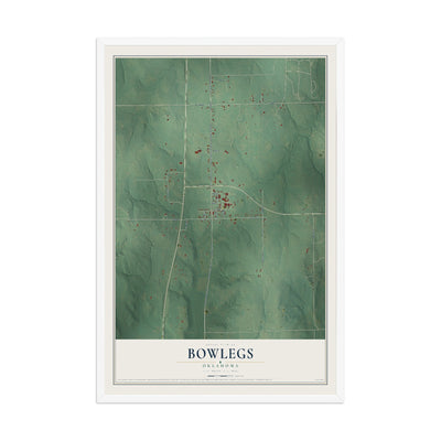 Map of Bowlegs, Oklahoma, 12 x 18 inch print in a white wood frame