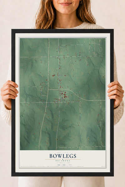 Map of Bowlegs, Oklahoma, 18 x 24 inch print in a black wood frame