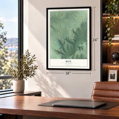 Box, Oklahoma map, 18 x 24 inch print in a black frame in a home office
