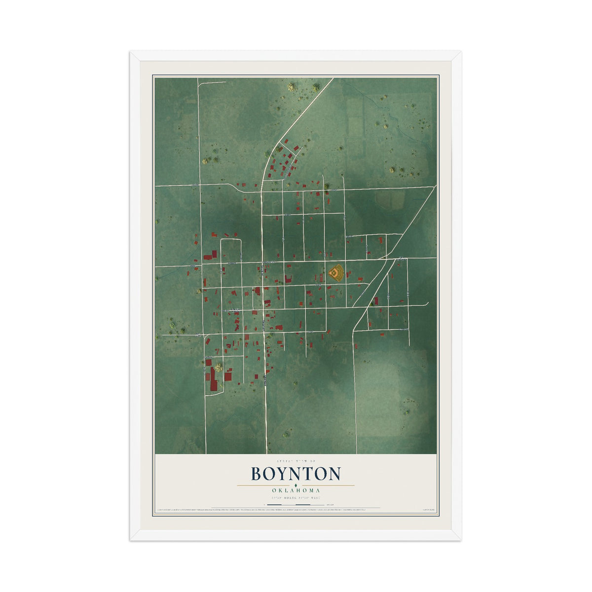 Map of Boynton, Oklahoma, 12 x 18 inch print in a white wood frame