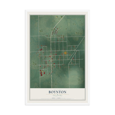 Map of Boynton, Oklahoma, 12 x 18 inch print in a white wood frame
