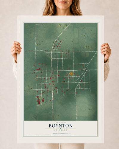 Map of Boynton, Oklahoma, 24 x 36 inch print in a white wood frame