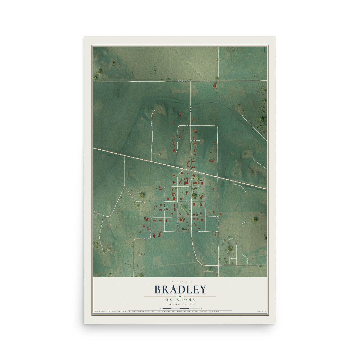 Map of Bradley, Oklahoma, 12 x 18 inch unframed archival matte print