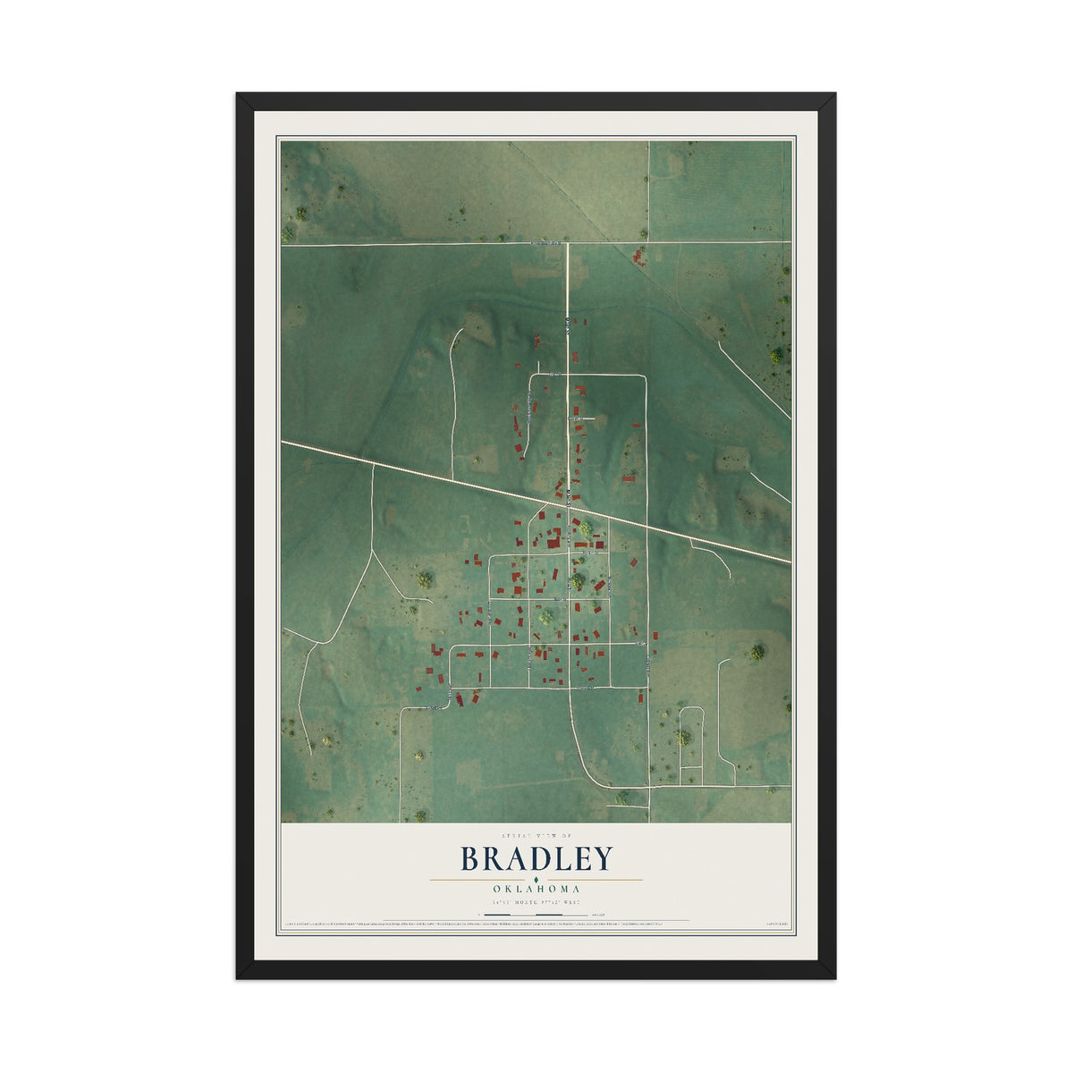 Map of Bradley, Oklahoma, 12 x 18 inch print in a black wood frame