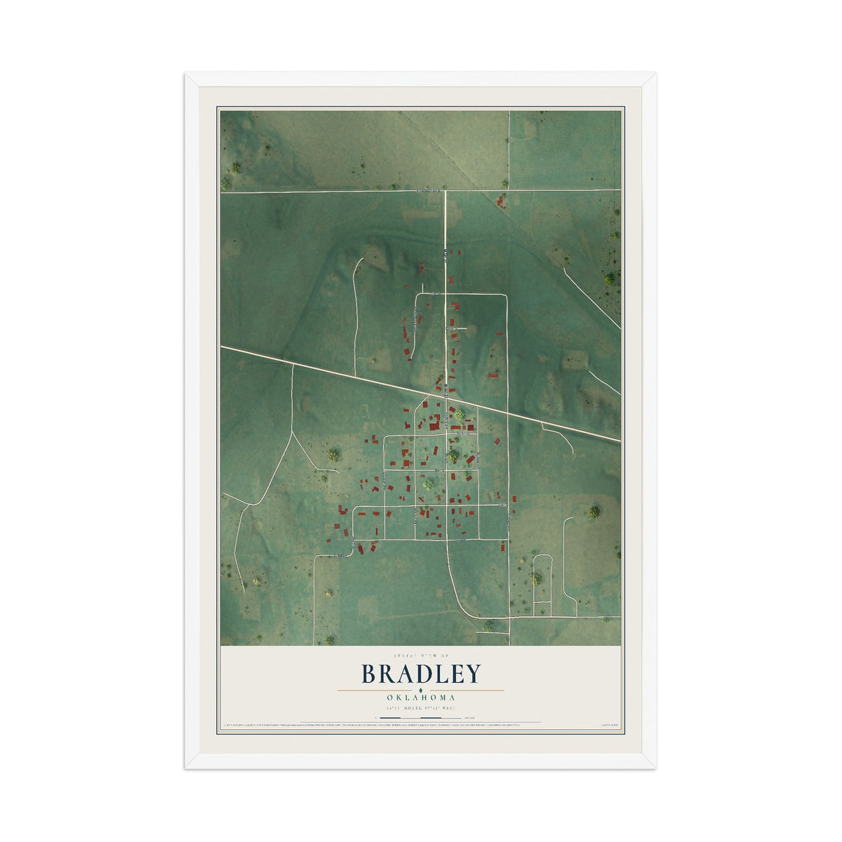 Map of Bradley, Oklahoma, 12 x 18 inch print in a white wood frame