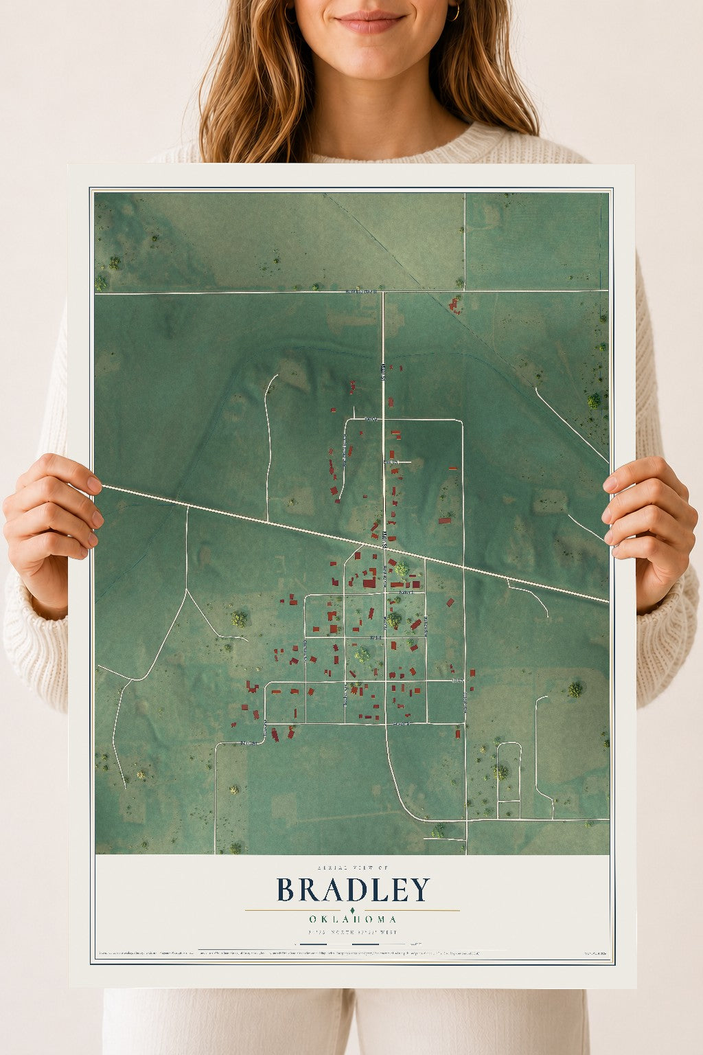 Map of Bradley, Oklahoma, 18 x 24 inch unframed archival matte print