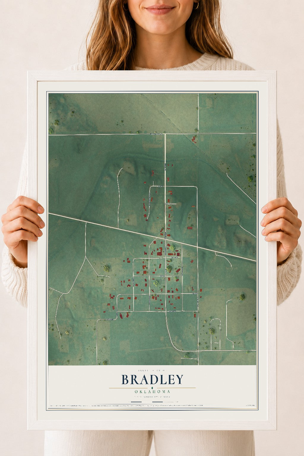 Map of Bradley, Oklahoma, 18 x 24 inch print in a white wood frame
