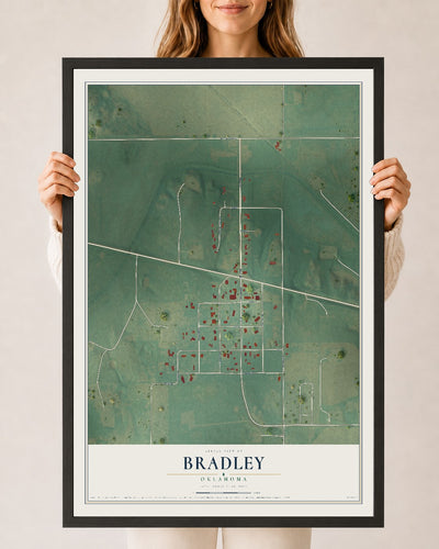 Map of Bradley, Oklahoma, 24 x 36 inch print in a black wood frame