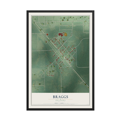 Map of Braggs, Oklahoma, 12 x 18 inch print in a black wood frame