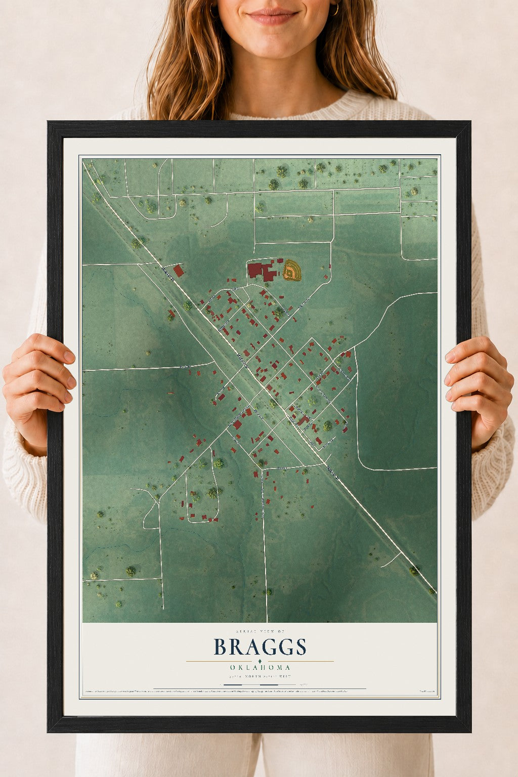 Map of Braggs, Oklahoma, 18 x 24 inch print in a black wood frame