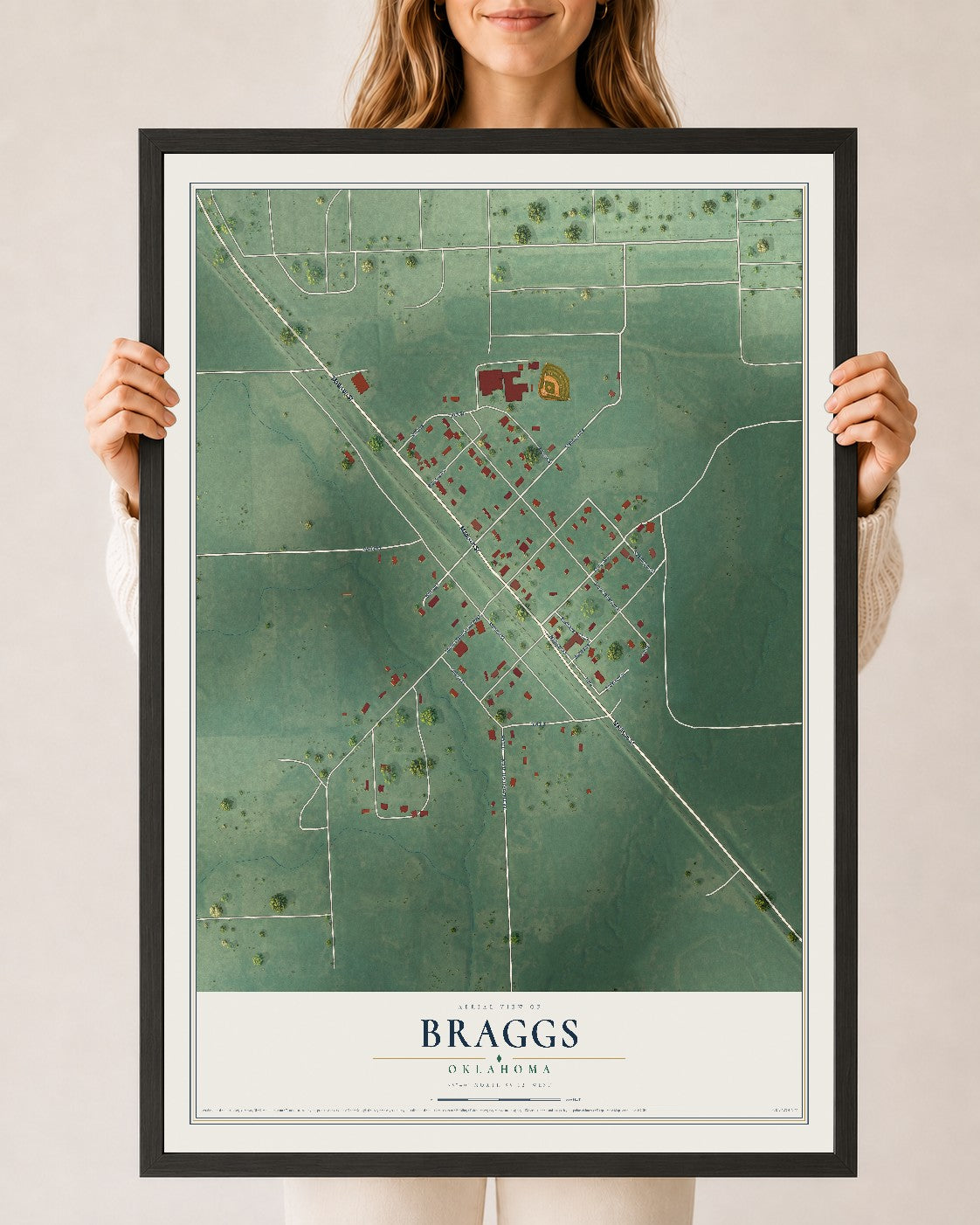 Map of Braggs, Oklahoma, 24 x 36 inch print in a black wood frame