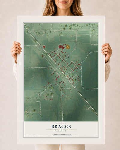 Map of Braggs, Oklahoma, 24 x 36 inch print in a white wood frame