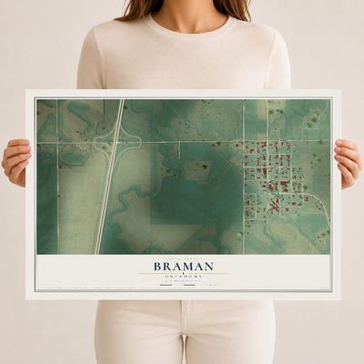 Map of Braman, Oklahoma, 12 x 18 inch unframed archival matte print