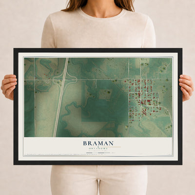 Map of Braman, Oklahoma, 12 x 18 inch print in a black wood frame