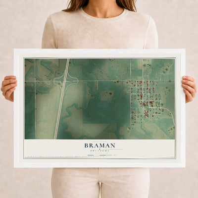 Map of Braman, Oklahoma, 12 x 18 inch print in a white wood frame