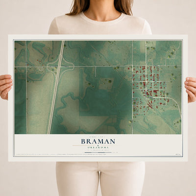 Map of Braman, Oklahoma, 18 x 24 inch unframed archival matte print