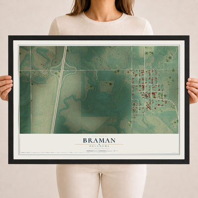 Map of Braman, Oklahoma, 18 x 24 inch print in a black wood frame