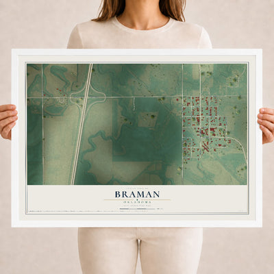 Map of Braman, Oklahoma, 18 x 24 inch print in a white wood frame