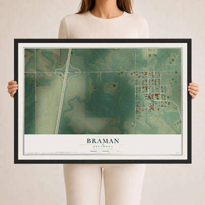 Map of Braman, Oklahoma, 24 x 36 inch print in a black wood frame
