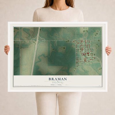 Map of Braman, Oklahoma, 24 x 36 inch print in a white wood frame