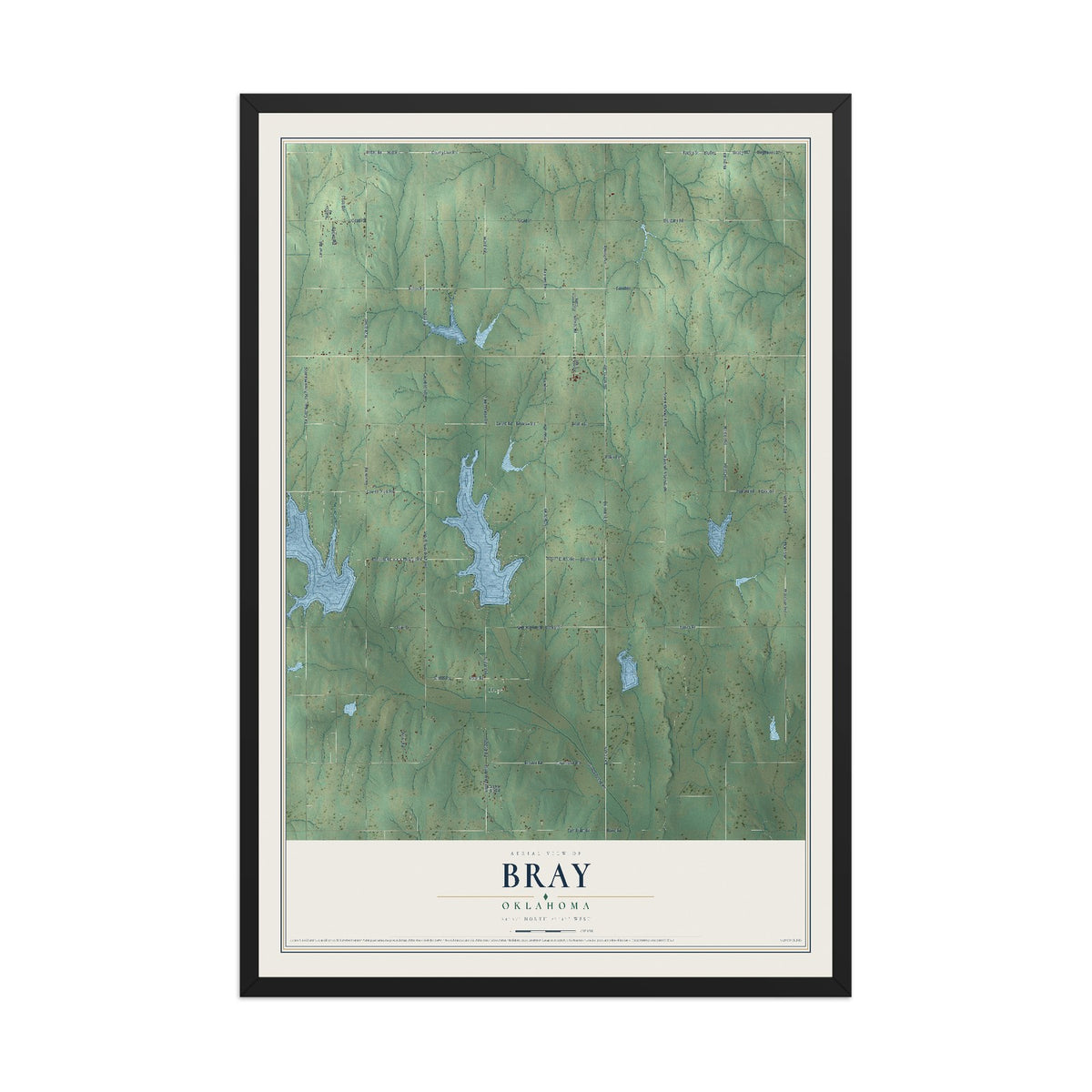 Map of Bray, Oklahoma, 12 x 18 inch print in a black wood frame