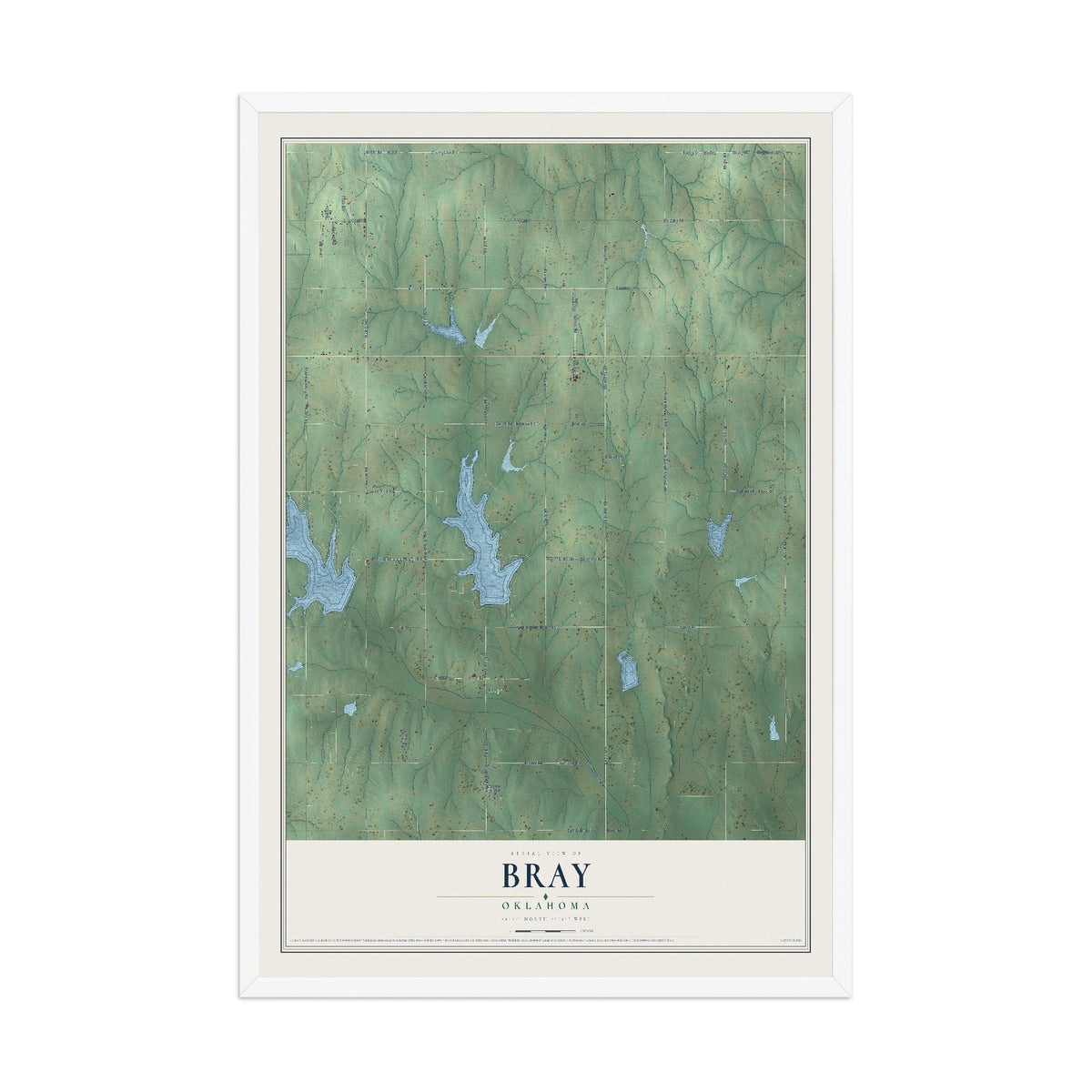 Map of Bray, Oklahoma, 12 x 18 inch print in a white wood frame